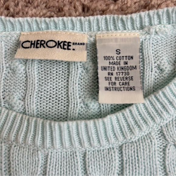 Vintage Cherokee Seafoam Green Blue Crew Neck Cable Knit Cotton Sweater Size S - Picture 4 of 7